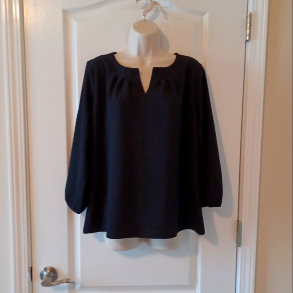 TALBOTS Pleated V-Neck Long Sleeve Blouse Black Size Large